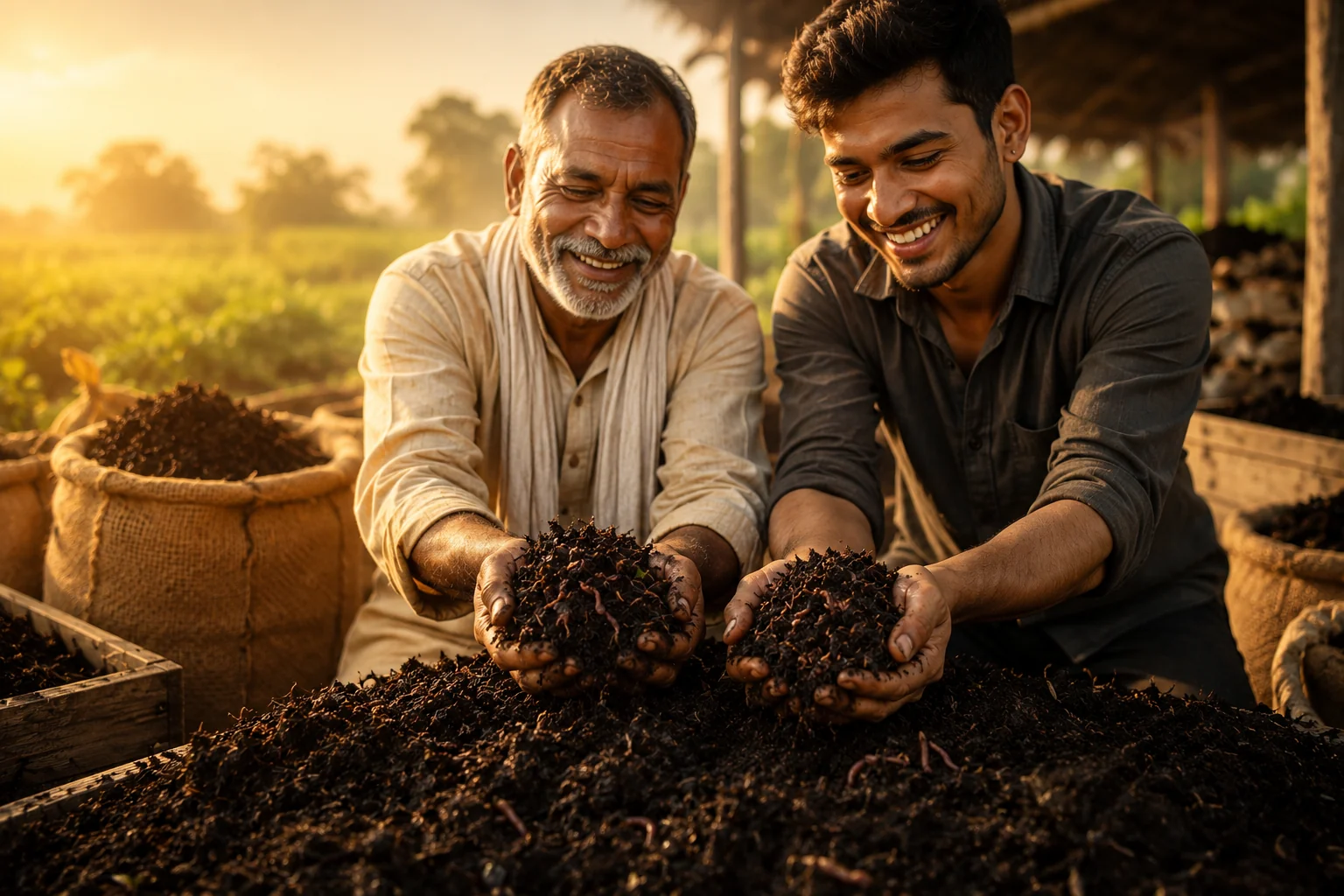 Farmers smiling while holding vermicompost