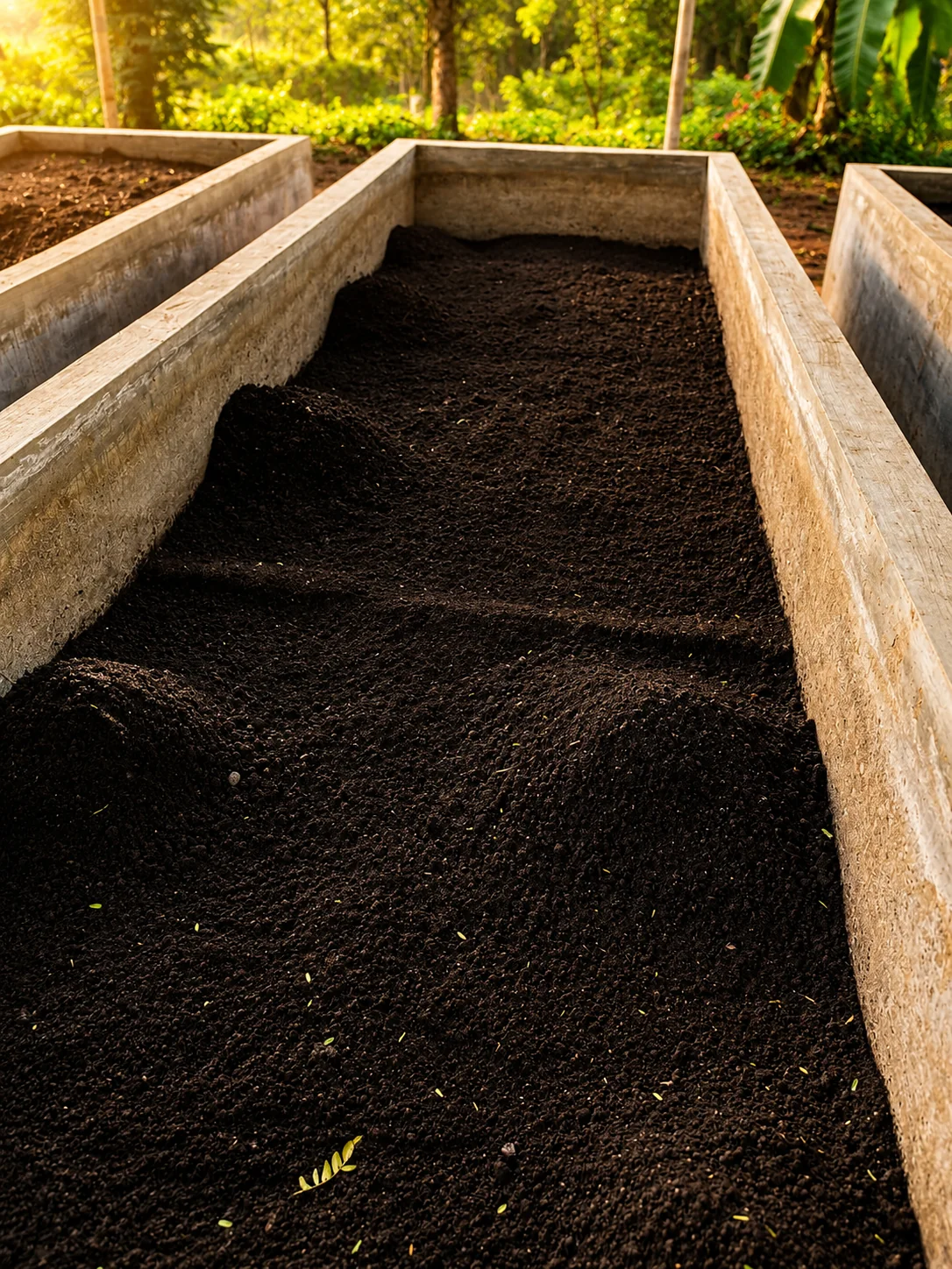 Vermicompost bed in composting trough